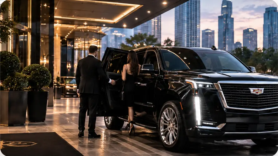 Before and after: SUV parked in front of a hotel at night, with a man
